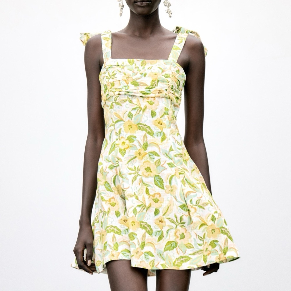 🌼 ZARA Yellow Floral Printed Linen Short Dress w/ Wide Bow Tie Straps